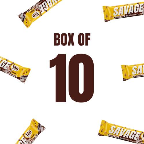 Promotional graphic for a box of 10 Savage chocolate bars, featuring the text 'BOX OF 10' in dark brown at the center, surrounded by scattered yellow and brown wrapped bars on a plain white background.