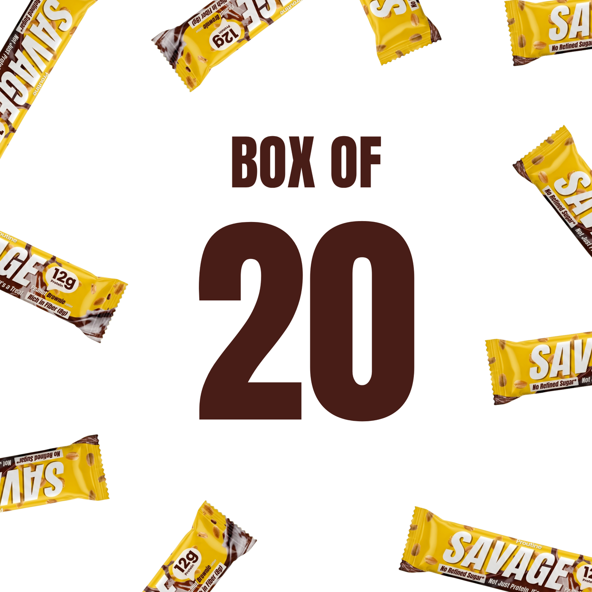 Promotional graphic for a box of 20 Savage bars, featuring a central dark brown text 'BOX OF 20' surrounded by scattered individual yellow and brown wrapped bars on a white background.