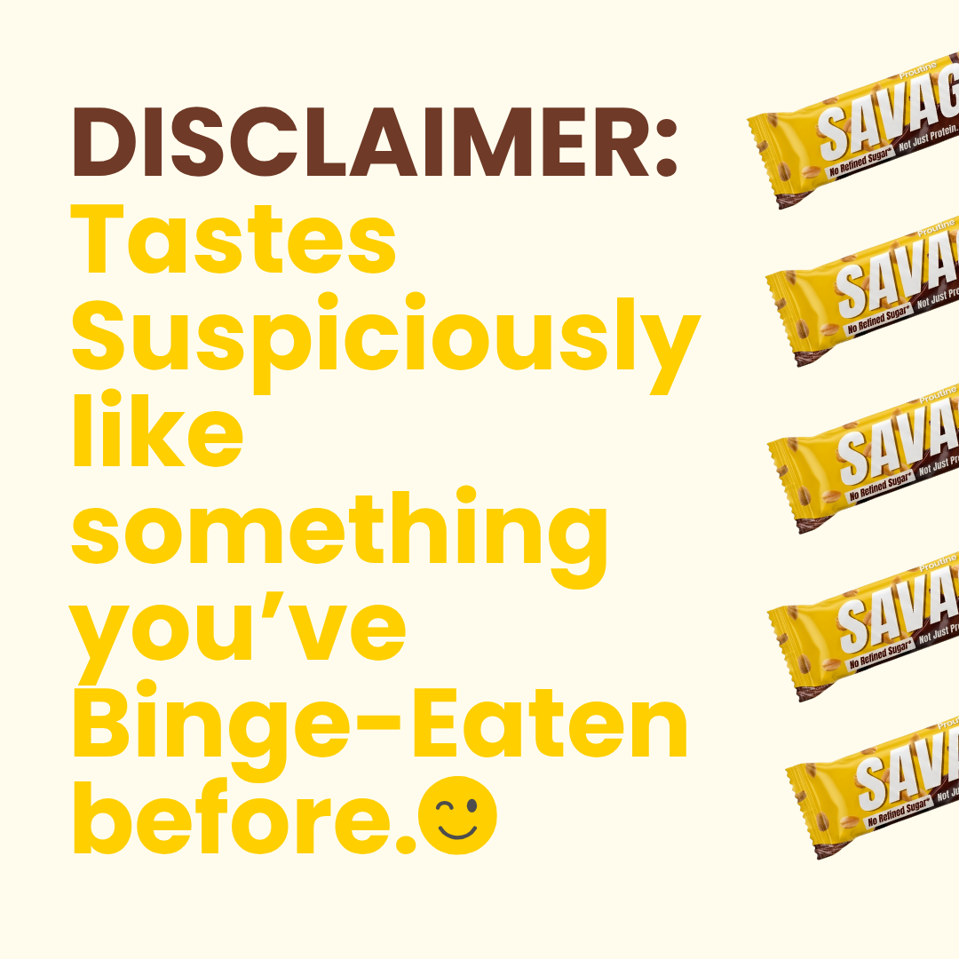 A promotional graphic with the word 'DISCLAIMER:' in brown and yellow text on a pale cream background, alongside several diagonal views of a Savage chocolate bar wrapper on the right side.