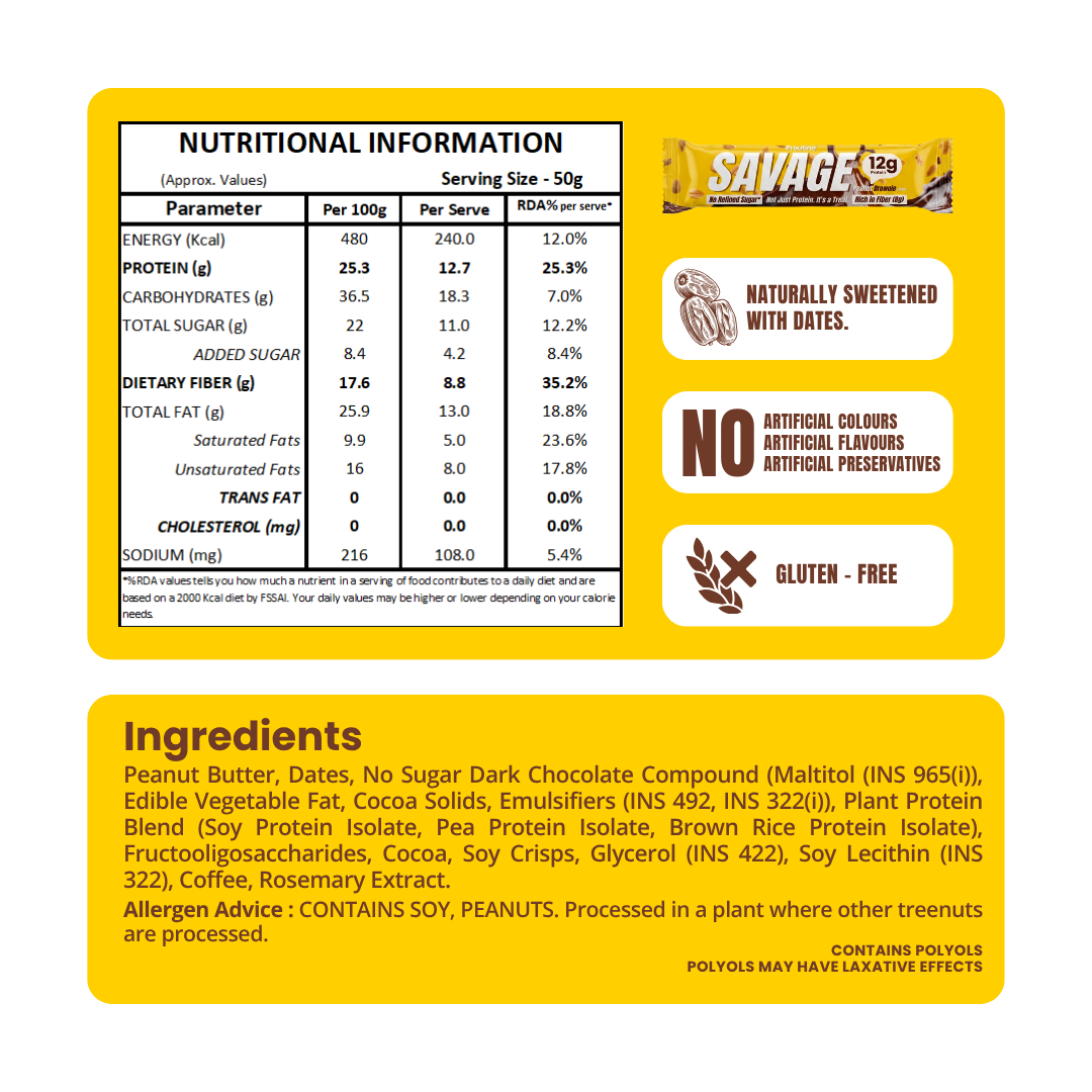SAVAGE Peanut Brownie protein chocolate bar with 12g protein and high fiber