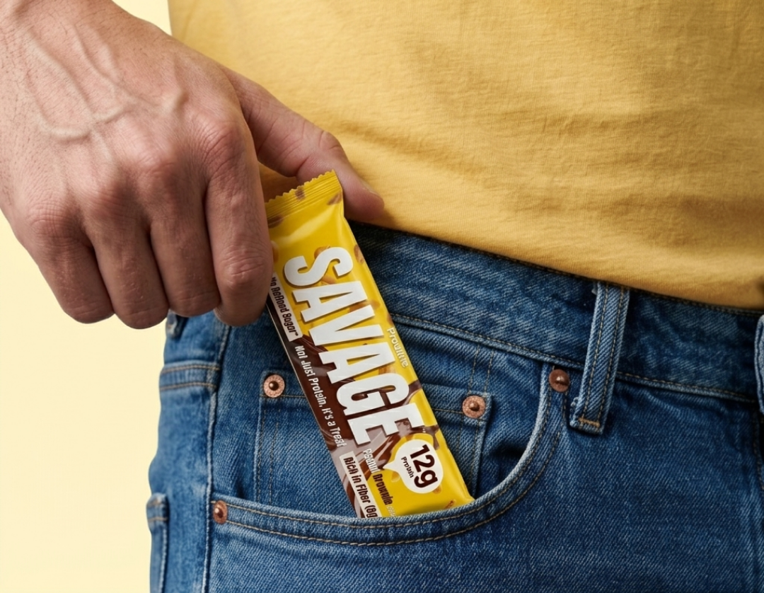 A close-up lifestyle shot of a person's hand sliding a yellow and brown 'Savage' chocolate bar into their blue jeans pocket, wearing a yellow t-shirt against a pale yellow background.