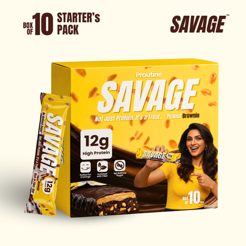 Proutine Savage Peanut Brownie box of 10 pack starter's pack, featuring a yellow box with a single wrapped brownie bar in front, on a light cream background with brand text overlays.